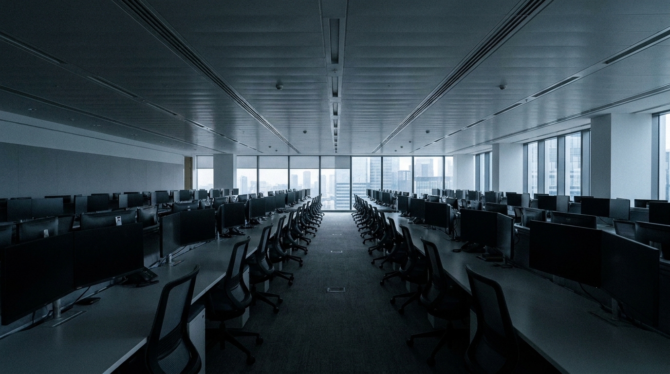 A trading floor, rows of desks receding towards the windows.