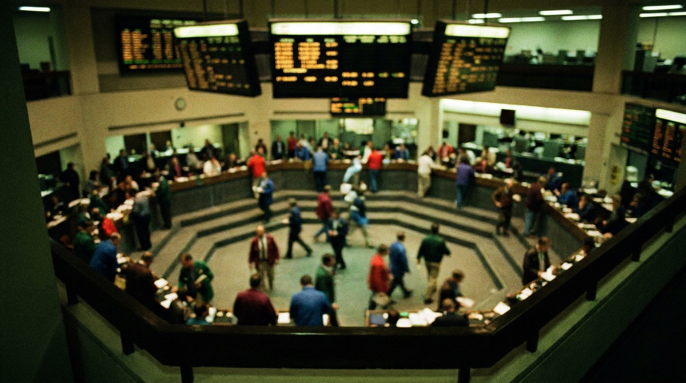 A commodity exchange pit seen from the balcony, quote boards above it.