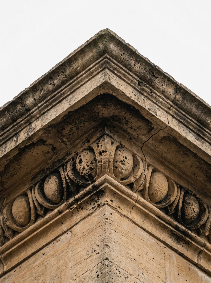 A carved limestone cornice, egg and dart, cracked and sooted.
